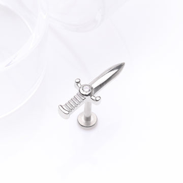 Detail View 1 of Sparkle Dagger Sword Internally Threaded Steel Flat Back Stud Labret-Clear Gem
